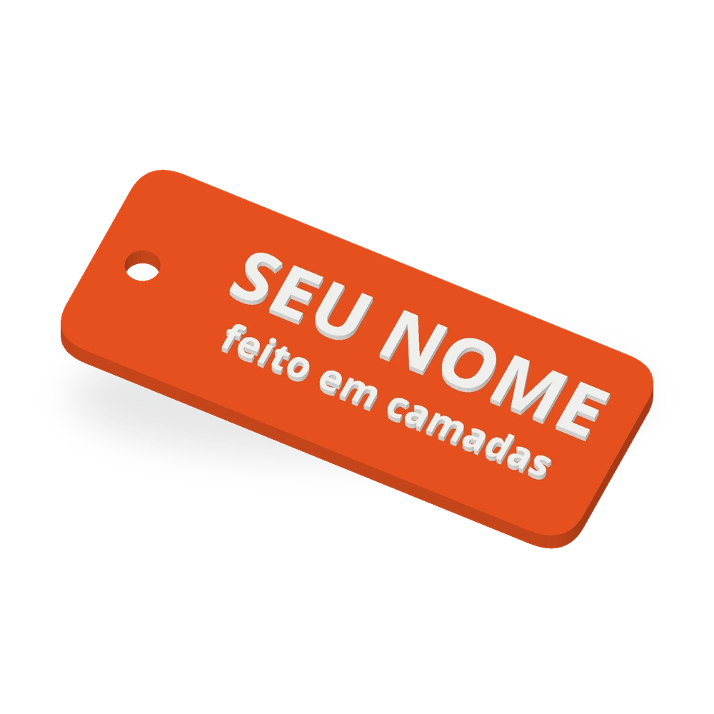 Prévia digital de chaveiro laranja com nome branco em relevo.